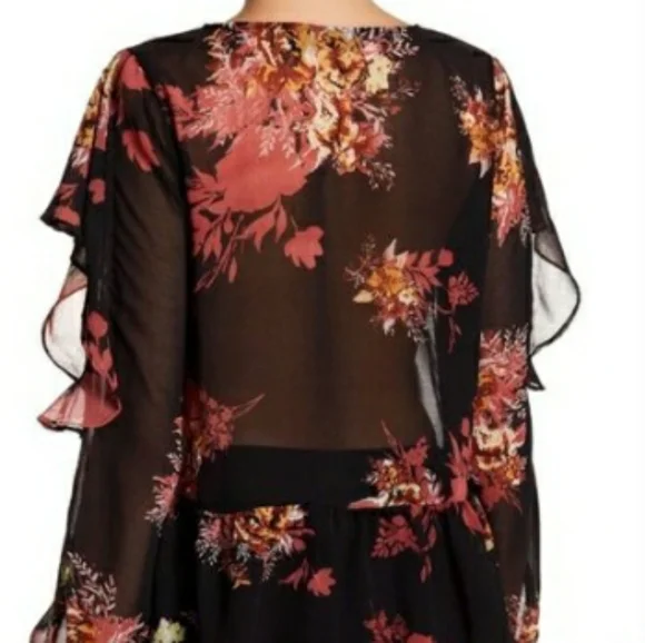 Halogen Chiffon Dark Floral Blouse w/"Cold Arm" Ruffled Sleeve size Halogen 1 - Picture 6 of 8
